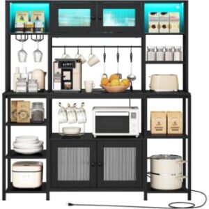 Rak roti hitam dengan outlet listrik dan lampu LED, Stand Microwave Industri, Kabinet Bar Kopi dengan Penyimpanan, Pemegang Piala & 6-S HOOKS, Rak penyimpanan dapur dengan kabinet
