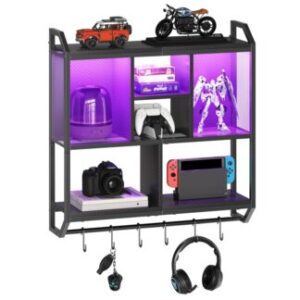 Prateleiras flutuantes para jogos negros, Prateleira suspensa montada na parede com luzes LED, 4-Rack de exibição de camada para armazenamento de parede, Rack de armazenamento flutuante com 6 Ganchos em S, para a sala de jogos