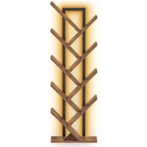 Rak buku pohon coklat pedesaan, Rak buku industri 9-tier dengan lampu LED, Rak buku hemat ruang, Memegang buku, CD, Pertandingan, Rak buku berdiri bebas untuk kantor, Ruang tamu, Kamar tidur