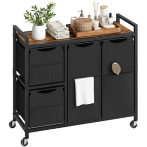 Classificador de lavanderia com 4 Seção, Cesto de lavanderia marrom e preto rústico com rodas, Cesta de lavanderia com prateleira, Sacos destacáveis puxando, Bolsos laterais