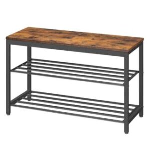 ม้านั่งจัดเก็บรองเท้าสไตล์อุตสาหกรรม, ผู้จัดงานม้านั่งสีน้ำตาลและสีดำชนบท, 3-ชั้นวางรองเท้าเทียร์สำหรับตู้เสื้อผ้า, ชั้นวางรองเท้าพร้อมที่นั่งด้านบนไม้, โหลด 300 ปอนด์, การประหยัดพื้นที่