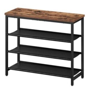 रेट्रो शू रैक, कोठरी और प्रवेश द्वार के लिए देहाती भूरे और काले 4-स्तरीय जूता भंडारण आयोजक, 3 पु अलमारियां, रखती है 9-12 जूते के जोड़े, मजबूत धातु फ्रेम, छोटे स्थान