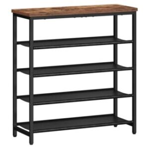 ชั้นวางรองเท้าสีน้ำตาลชนบท, Retro 5-Tier Shoe Storage Organizer สำหรับตู้เสื้อผ้าและทางเข้า, 4 ชั้นวางของ PU, ถือ 12-16 คู่รองเท้า, กรอบโลหะที่แข็งแรง, พื้นที่เล็ก ๆ