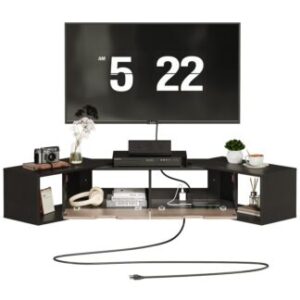 Stand TV sudut mengambang dengan outlet power, Walnut dan Black Rotatable Floating Entertainment Center, Pusat hiburan yang dipasang di dinding dengan penyimpanan untuk ruang tamu, Di bawah rak TV