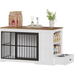 Mobília de caixas de nogueira e cachorro preto, Dog Kennel Indoor com tigelas de alimentação escondida e prateleira de armazenamento, TV de gaiola de cachorro de madeira está para cães pequenos médios, Branco