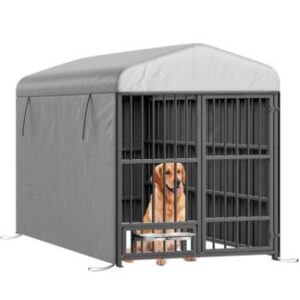Kennel de cachorro ao ar livre, Canela de cachorro de ferro grande do lado de fora com telhado e tigelas de alimentação rotativas, Gabinete de gaiola pesado com tampa à prova d'água, Cerca de cães