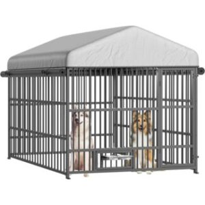 Kennel de cachorro ao ar livre, Canil de cachorro grande do lado de fora com telhado e tigelas de alimentação rotativas, Gabinete de gaiola pesado com tampa à prova d'água, Cerca de cães