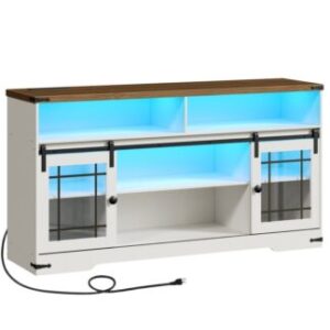 Boeren TV-meubel tbv 70 Inch-tv, Rustiek entertainmentcentrum met schuurdeuren, Witte boerderij tv -standaard voor woonkamer, Media Console TV Cabinet met LED -lichten & Stopcontact