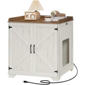 Cloud White dan Walnut Cat Litter Robot Enclosure, Furnitur kotak sampah tersembunyi besar dengan stasiun pengisian daya dan kait, Kabinet robot sampah dengan atasan penyimpanan