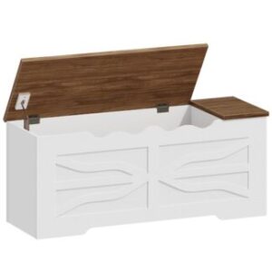 Kotak mainan putih dan kenari, Bangku penyimpanan rumah pertanian dengan engsel pengaman, Dada penyimpanan kayu dengan penyimpanan samping cubby, 47.2''L x 15.7''W x 19.5''H, untuk pintu masuk, Kamar tidur, Ruang tamu