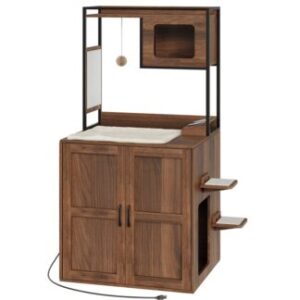 Walnut Cat Litter Robot Box Enclosure Furniture, Kabinet sampah otomatis tersembunyi, Rak tahan anjing dengan stasiun pengisian, Tikar goresan, Mangkuk, Rumah kucing
