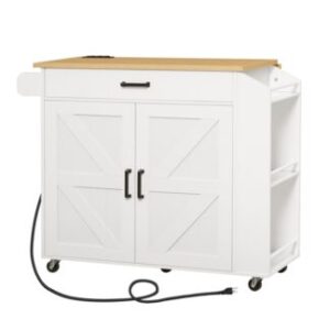 ドロップリーフカウンタートップを備えた白と天然のキッチンアイランド & パワーアウトレット, 車輪の上のローリングアイランドカート, 引き出し付きのキッチンカート & スパイスラック, キッチン用のモバイルアイランドテーブル