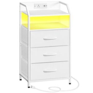 Mesa de cabeceira branca com estação de carregamento, Mesa de cabeceira com 1 Saída AC, 1 Porta USB, e 1 Porta tipo C., Night Stand com tira leve LED e 3 Gavetas não tecidas, para quarto