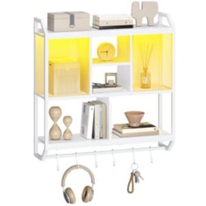 Scaffali galleggianti da gioco bianco, Scaffale sospeso a parete con luci a LED, 4-Rack di visualizzazione a livello per la conservazione del muro, Rack di archiviazione galleggiante con 6 Ganci s, per sala da gioco