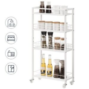 के साथ रसोई भंडारण कार्ट 4 स्तरों, सफेद संकीर्ण सेवारत गाड़ी, पहियों पर आला शेल्फ, बास्केट के साथ रसोई की गाड़ी, रसोई के लिए, स्नानघर, भोजन कक्ष, कपड़े धोने का कमरा