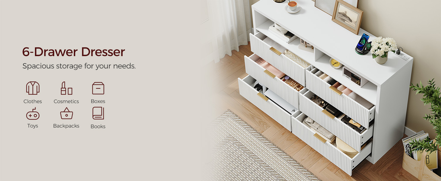 Fluted Dresser for Bedroom, Dresser TV Stand, 6 Drawer Dressers, Top Wooden Chests of Drawers with Charging Station and LED Light, White
