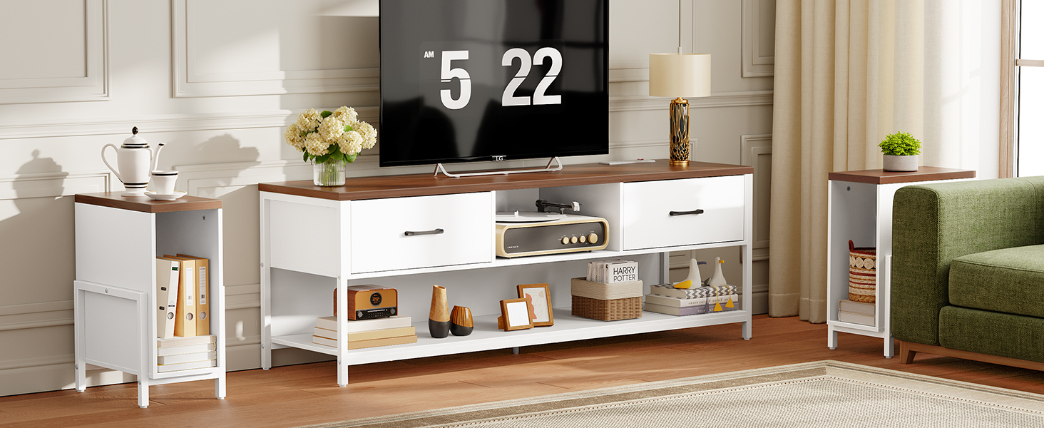 78" TV Stand for up to 85" TVs, Farmhouse 3 in 1 Entertainment Center with Charging Station, TV Console with 2 Drawers, 3 AC Outlets, for Living Room, Bedroom, White and Walnut