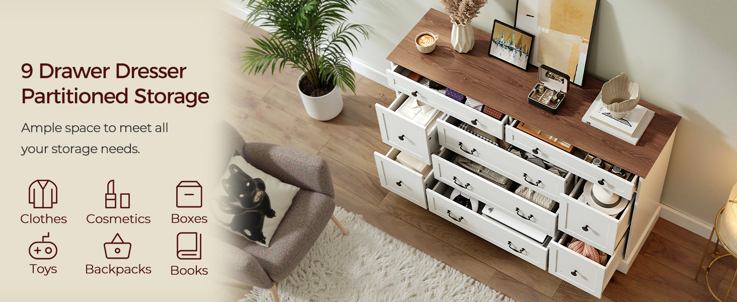 Farmhouse 9 Drawer Dresser for Bedroom, 55.1'' Modern Dresser, Engineered Wood Chest of Drawers, TV Stand with Storage, for Bedroom, Living Room, Hallway, White and Walnut