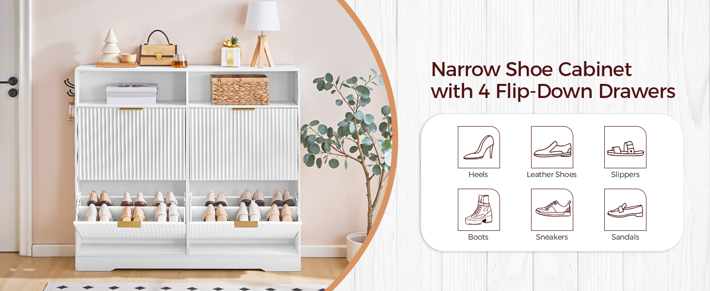 Shoe Storage Cabinet, Freestanding Shoe Organizer with 4 Flip Drawers and 2 Compartments, Modern Fluted Storage Cabinet with Hooks, for Entryway, Foyer, Cloakroom, White