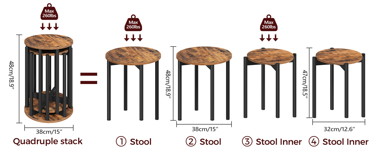 Stapelbare Hocker im Set 4, Stapelbare Beistelltische, Ineinander steckbare Couchtische, Runde Esszimmerhocker, Platzsparend, für Küche, Esszimmer, Schlafzimmer, Wohnzimmer, Rustikalbraun und schwarz
