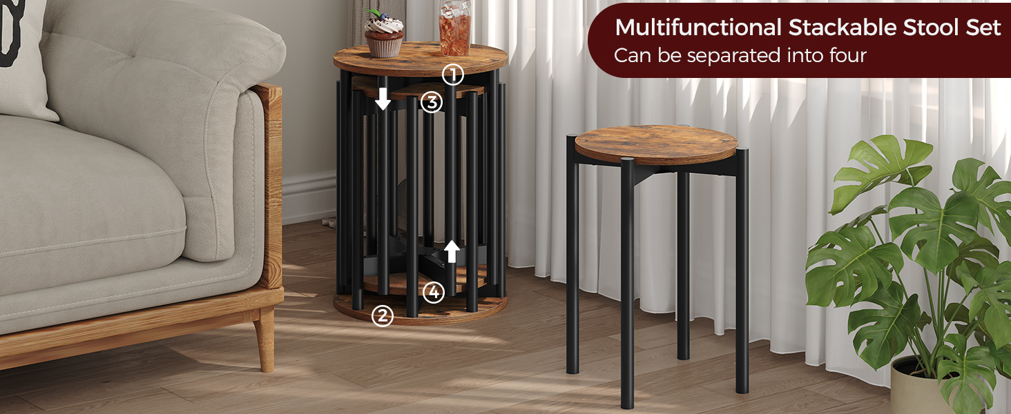 Stapelbare Hocker im Set 4, Stapelbare Beistelltische, Ineinander steckbare Couchtische, Runde Esszimmerhocker, Platzsparend, für Küche, Esszimmer, Schlafzimmer, Wohnzimmer, Rustikalbraun und schwarz