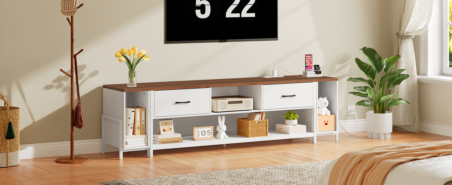 78" TV Stand for up to 85" TVs, Farmhouse 3 in 1 Entertainment Center with Charging Station, TV Console with 2 Drawers, 3 AC Outlets, for Living Room, Bedroom, White and Walnut