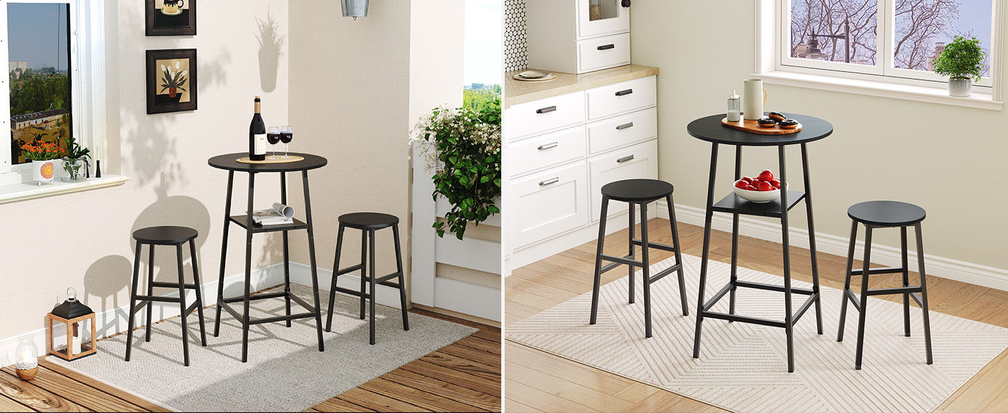 Ronde bartafel, 37.4" High Pub Table, 2-Tier Counter Height Cocktail Table, High Top Tables with Storage, Bistro Tables for Small Spaces, Eenvoudig te monteren, Zwart