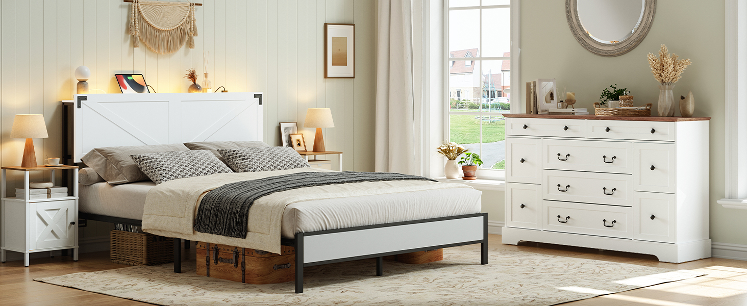 Farmhouse 9 Drawer Dresser for Bedroom, 55.1'' Modern Dresser, Engineered Wood Chest of Drawers, TV Stand with Storage, for Bedroom, Living Room, Hallway, White and Walnut