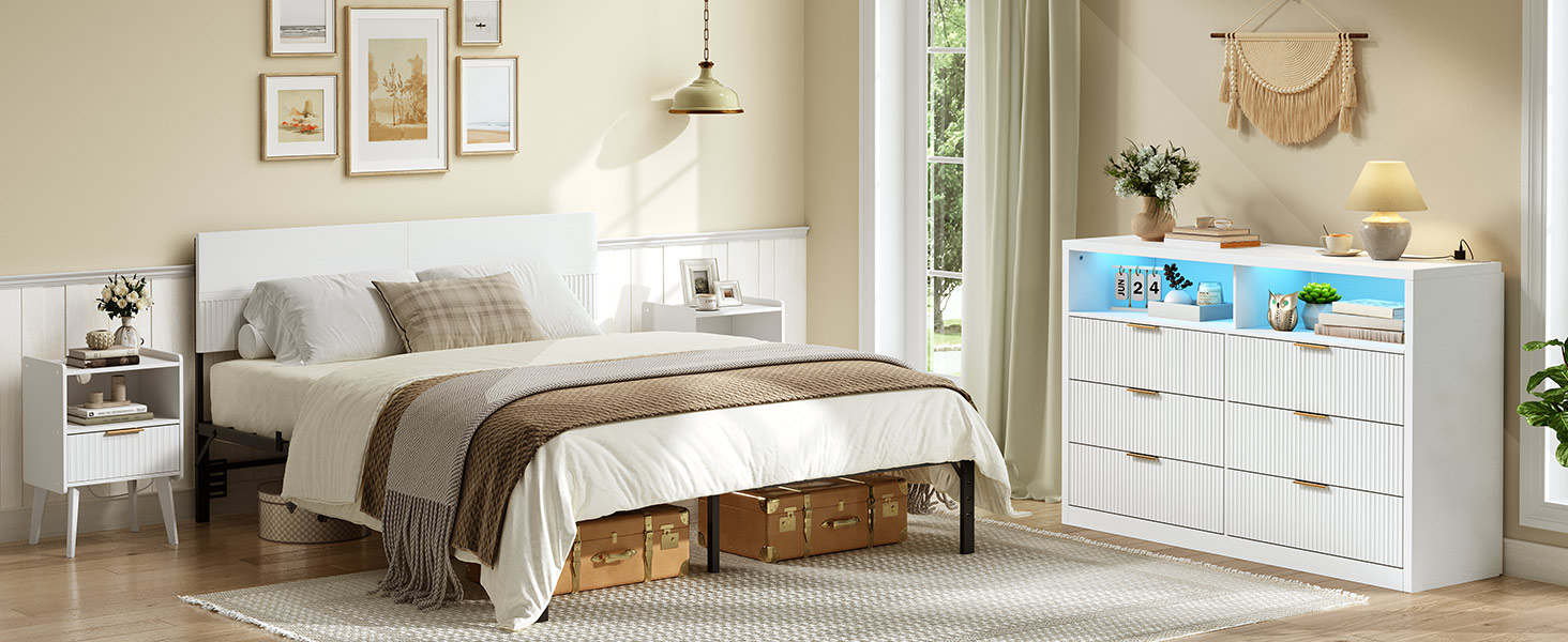 Fluted Dresser for Bedroom, Dresser TV Stand, 6 Drawer Dressers, Top Wooden Chests of Drawers with Charging Station and LED Light, White