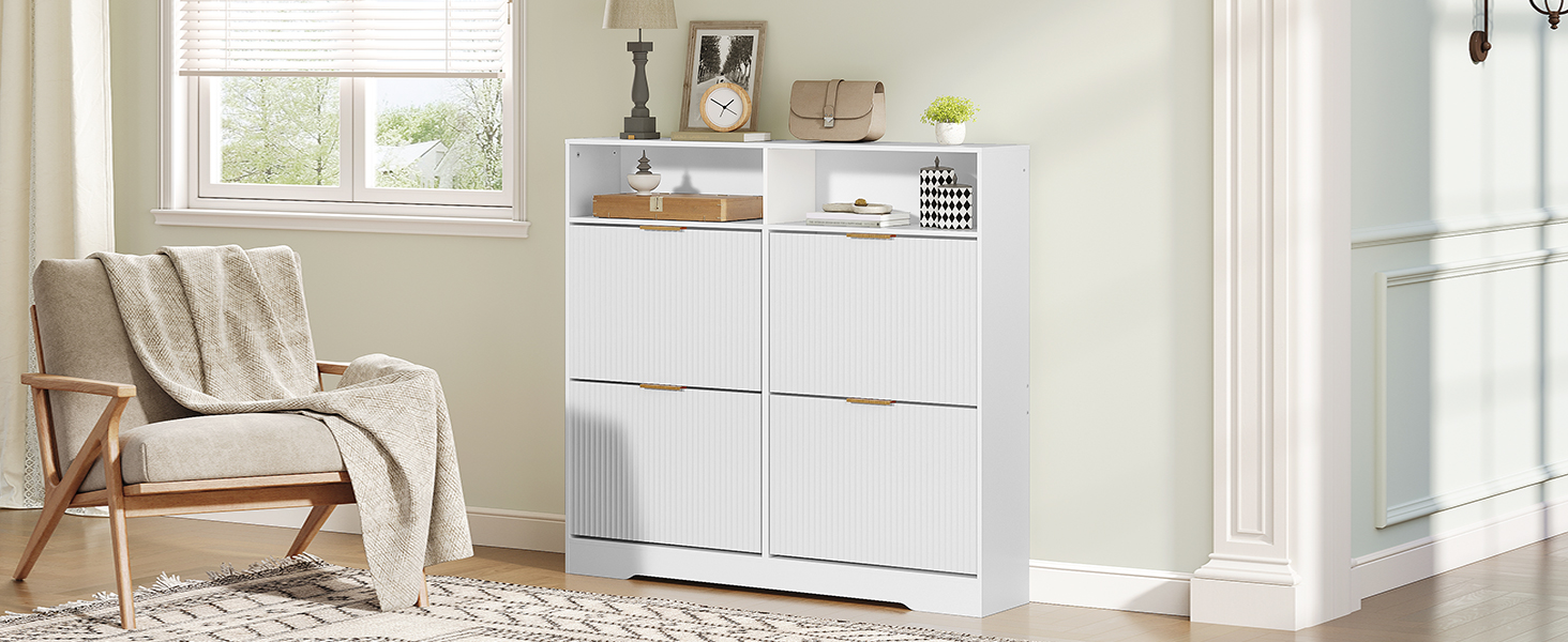 Shoe Storage Cabinet, Freestanding Shoe Organizer with 4 Flip Drawers and 2 Compartments, Modern Fluted Storage Cabinet with Hooks, for Entryway, Foyer, Cloakroom, White
