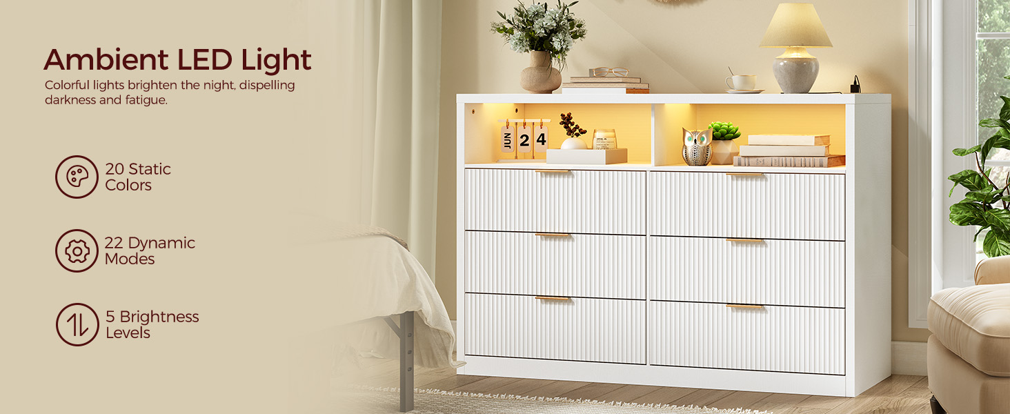 Fluted Dresser for Bedroom, Dresser TV Stand, 6 Drawer Dressers, Top Wooden Chests of Drawers with Charging Station and LED Light, White
