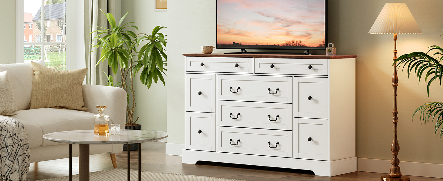 Farmhouse 9 Drawer Dresser for Bedroom, 55.1'' Modern Dresser, Engineered Wood Chest of Drawers, TV Stand with Storage, for Bedroom, Living Room, Hallway, White and Walnut