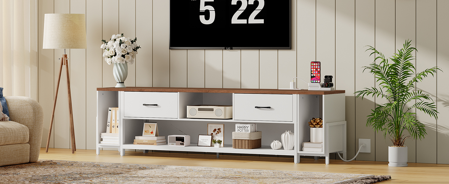 78" TV Stand for up to 85" TVs, Farmhouse 3 in 1 Entertainment Center with Charging Station, TV Console with 2 Drawers, 3 AC Outlets, for Living Room, Bedroom, White and Walnut