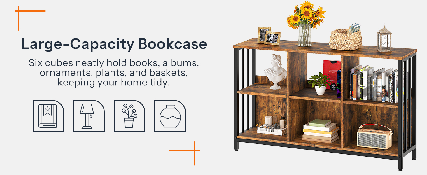 6 cube storage organizer 6 Cube Bookcase horizontal bookshelf Wooden and Metal Cubby Bookcase